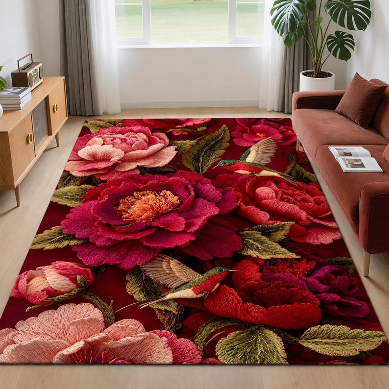 Hummingbird Floral Rug, Red Peony Area Rug, Embroidered Flower Carpet ...