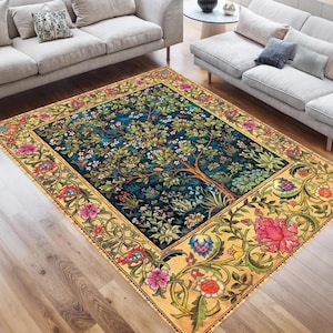 William Morris Style Area Rug, Vintage Botanical Carpet, Arts and Crafts Floral Rug, Classic Cottage Decor