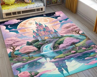 Tapis château de princesse, tapis de conte de fées fantastique antidérapant lavable, tapis de jeu château magique au clair de lune pour chambre d'enfant, décoration de rêve pastel