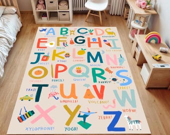May include: A beige rectangular rug with a colorful alphabet design. Each letter is paired with a corresponding image and word, such as "A" for airplane and "B" for bear. The rug is designed for a child's room.