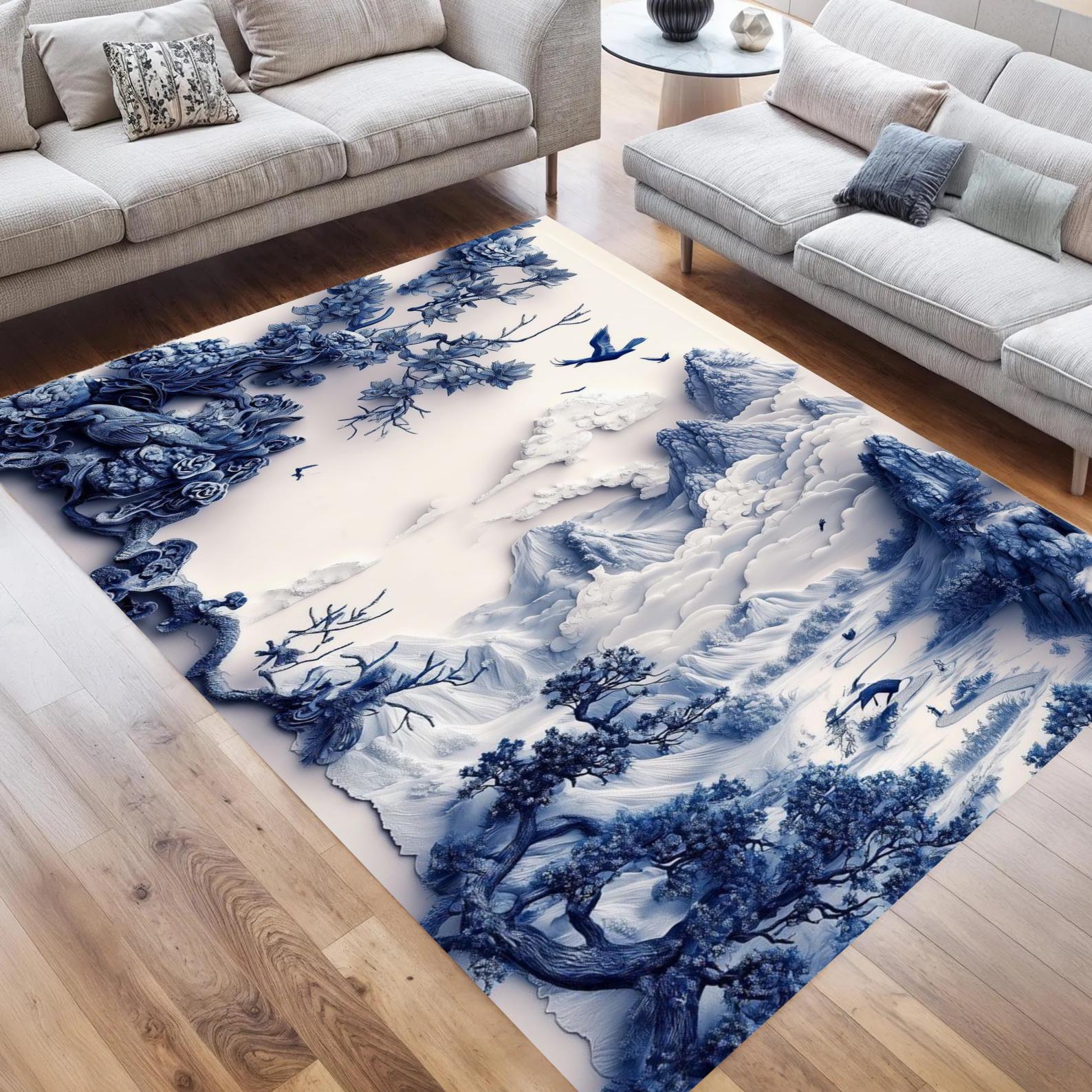 Blue Chinoiserie Landscape Rug, Oriental Ink Style Mountain Carpet