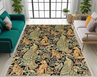 Boho Classic Peacock And Rabbit Pattern Rug, Vintage Botanical Home Decor Carpet, Washable Non Slip Area Rug