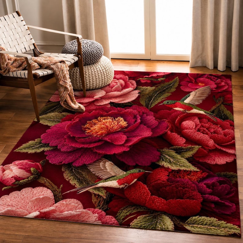 Hummingbird Floral Rug, Red Peony Area Rug, Embroidered Flower Carpet ...