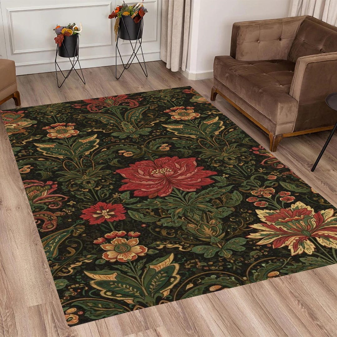 Vintage Floral Nonslip Rug, Black Peony Living Room Carpet, Antique ...