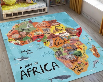 Map of Africa Kids Rug, Washable Non-Slip Educational Geography Carpet, Colorful World Map Play Mat for Classroom, Nursery or Playroom Decor