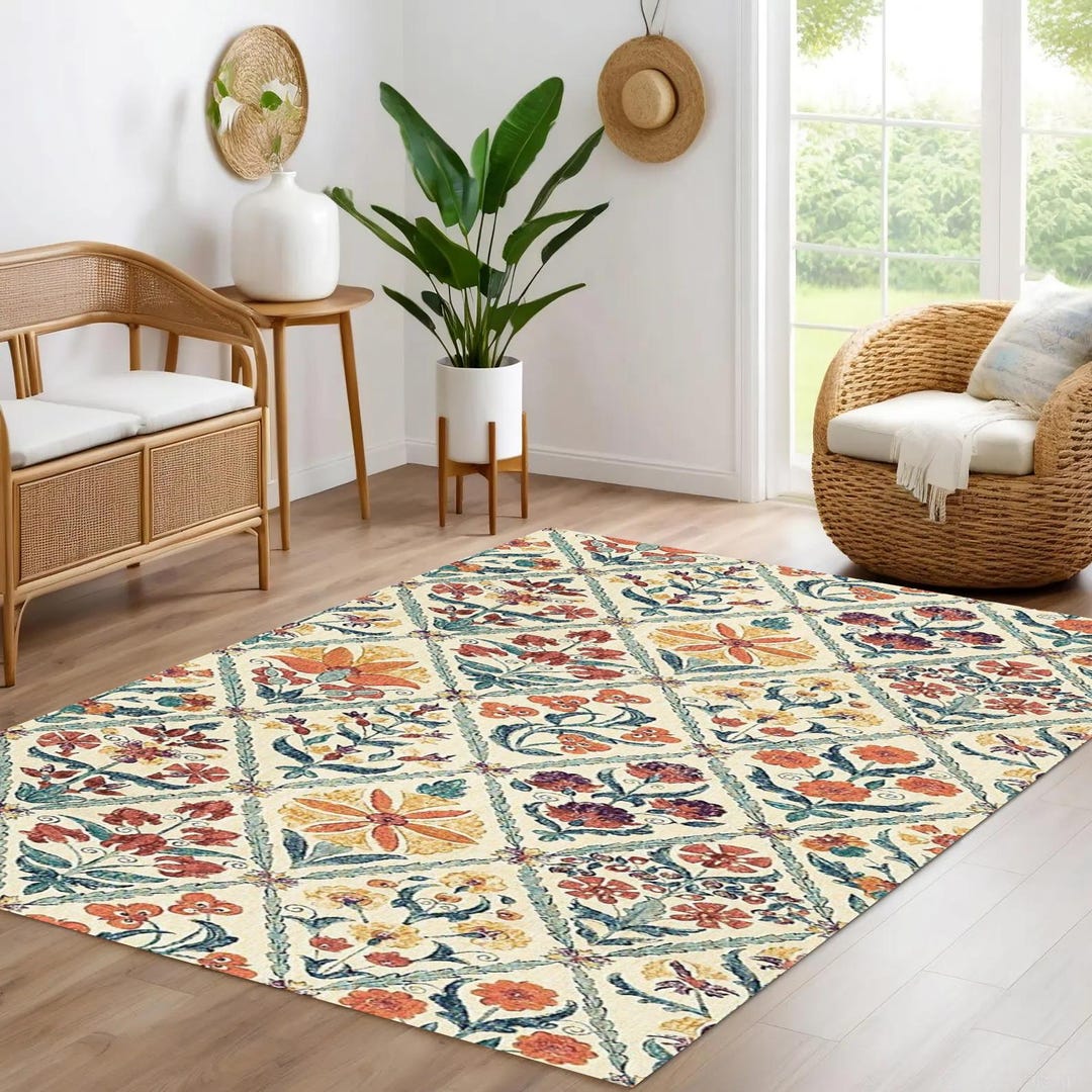 Colorful Hand-drawn Floral Washable Rug, Boho Cottagecore Non-slip ...
