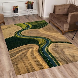 Aerial Landscape Nonslip Rug, Winding Road Nature Rug, Minimalist Scenic Carpet, Modern Farm Field Rug, Nature Inspired Living Room Rug image 3
