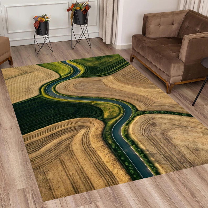 Aerial Landscape Nonslip Rug, Winding Road Nature Rug, Minimalist Scenic Carpet, Modern Farm Field Rug, Nature Inspired Living Room Rug image 3