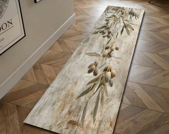 "Olivenzweig Botanischer Läufer, Teppich Läufer, Mediterraner Teppich Läufer, Neutraler Langer Teppich, Waschbar, Rutschfest."