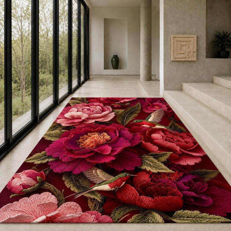 Hummingbird Floral Rug, Red Peony Area Rug, Embroidered Flower Carpet ...