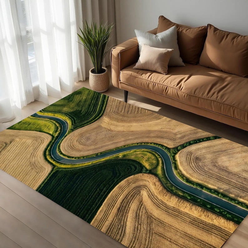 Aerial Landscape Nonslip Rug, Winding Road Nature Rug, Minimalist Scenic Carpet, Modern Farm Field Rug, Nature Inspired Living Room Rug image 2