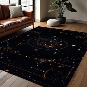 Celestial Star Map Area Rug, Black Gold Galaxy Washable Non Slip Rug, Modern Night Sky Living Room Decor