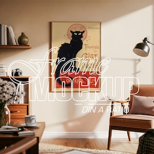 May include: A rectangular wall art print featuring a black cat with a red halo, set against a cream background with red text that reads Tournee du Chat Noir de Rodolphe Salis. The print is displayed in a thin wooden frame on a light wall.