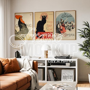 Set di 3 mockup di cornici: DIN, un modello Photoshop per poster multipli in interni moderni.