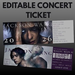 Könnte beinhalten: Zwei Konzertkarten mit Jackson Wang. Die obere Karte zeigt ein Porträt von Wang und den Text "20 26". Die untere Karte zeigt ein Porträt von Wang und den Text "MAR 31 2026". Die Tickets sind mit "EDITABLE CONCERT TICKET" beschriftet.
