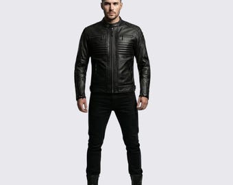 Herren Schwarz Echt Leder Biker Café Racer Motorradjacke.