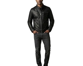 Men's Black Real Leather Biker Jacket: Cafe Racer Style Motorcycle Riding Jacket
