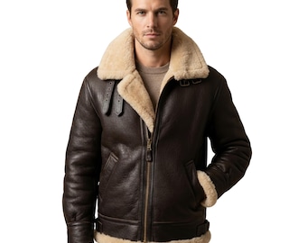Herren Brown Shearling B3 Bomberjacke Echtleder Winter Pelzmantel.