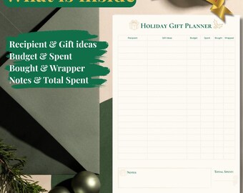 May include: A holiday gift planner with a cream-colored background and green accents. The planner includes sections for recipient, gift ideas, budget, spent, bought, and wrapper. Text on the image says "What is inside" and "2 Color Themes".