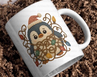 Knitted Christmas Penguin PNG, Crochet Style Holiday Art, Cute Tangle Lights Penguin, Sublimation Design, Digital Download