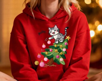 Guilty Cat Christmas PNG | Cute Cat in Tree Clipart | Funny Holiday Pet Design | Crochet-Style Textured Art for Sublimation Gifts
