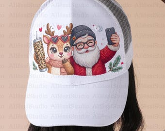 Crochet Santa & Reindeer Selfie PNG | Yarn Art Christmas Clipart | Knitted Texture Embroidered Look Winter Design for Sublimation Crafts