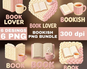 Cozy Book Lover PNG Bundle, Reading Clipart Designs Set, Bookish Aesthetic PNG, Cozy Reading Mug & Knitted Art, 300 DPI Transparent