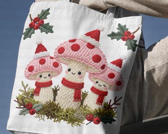 Christmas Mushroom Clipart PNG | Sublimation Design | Cute Holiday Mushrooms Art | Yarn Texture Illustration | Christmas for Crafts, POD