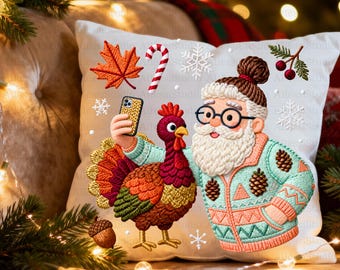 Hipster Santa & Turkey Embroidered Christmas Clipart | Cute christmas clipart | Funny Festive Sublimation Art Cute Holiday PNG