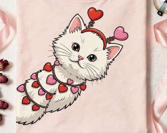 Valentine Peeking White Cat PNG, Coquette Kitten Heart Bow Sublimation Design, Valentine Day DTF Transfer, Retro Kawaii Cat Clip Art