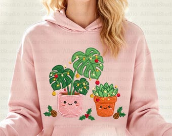 Cute Christmas Plants Clipart PNG, Kawaii Holiday Houseplants, Monstera & Succulent Christmas Decor, Holiday Embroidery Style PNG