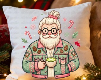 Crochet Yarn Hipster Santa PNG | Cozy Latte Christmas Art | Embroidered-Style Holiday Clipart for Sublimation & Winter Gifts