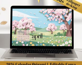 2026 Calendar Wallpaper Bundle | 60+ Origami Scenic Backgrounds for Desktop | 2 Digital Monthly Calendar JPEGs + Editable Canva Template