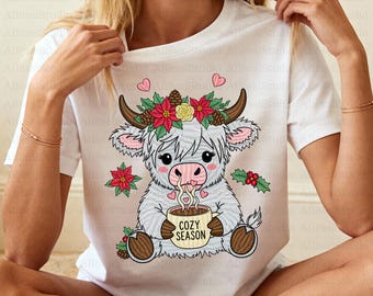 Cozy Season Cow PNG | Cute Highland Cow Christmas Clipart | Holiday Mug Cow Sublimation | Crochet-Style Textured Art for Shirts & Gifts