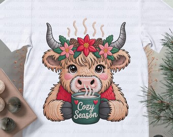 Crochet Highland Cow Christmas PNG, Cozy Season Yarn Art Clipart, Knitted Texture Cow Sublimation, Cute Winter Mug Design,PNG to Crafts & POD