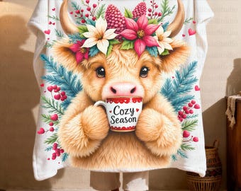 Cozy Season Cow PNG | Cute Highland Cow Christmas Clipart | Winter Mug Cow Sublimation | Holiday Floral Cow Art for Shirts & Gifts