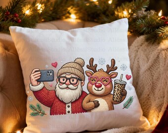 Santa & Reindeer Selfie PNG | Cute Christmas Clipart | Holiday Friends Sublimation Design | Crochet Style Textured Art for Shirts and Gifts