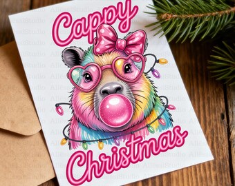 Coquette Capybara Christmas PNG Clipart, Cute Cappy Holiday Art, Kawaii Capybara Christmas Card Design, Bow Aesthetic Digital Download