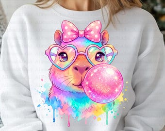 Coquette Capybara Png Bundle, Halftone for DTF & Solid for Mugs, Cute Valentine Animal, Pink Bow Watercolor, Glitter Bubblegum Sublimation