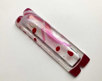 Fused glass mezuzah pink red white clear with dichroic glass, gold painted shin