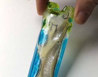 Tree of Life fused glass mezuzah case with silver dichroic glass, hand painted chai, blue and green