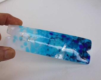 Blue, silver & white fused glass mezuzah case with dichroic glass, hand painted shin
