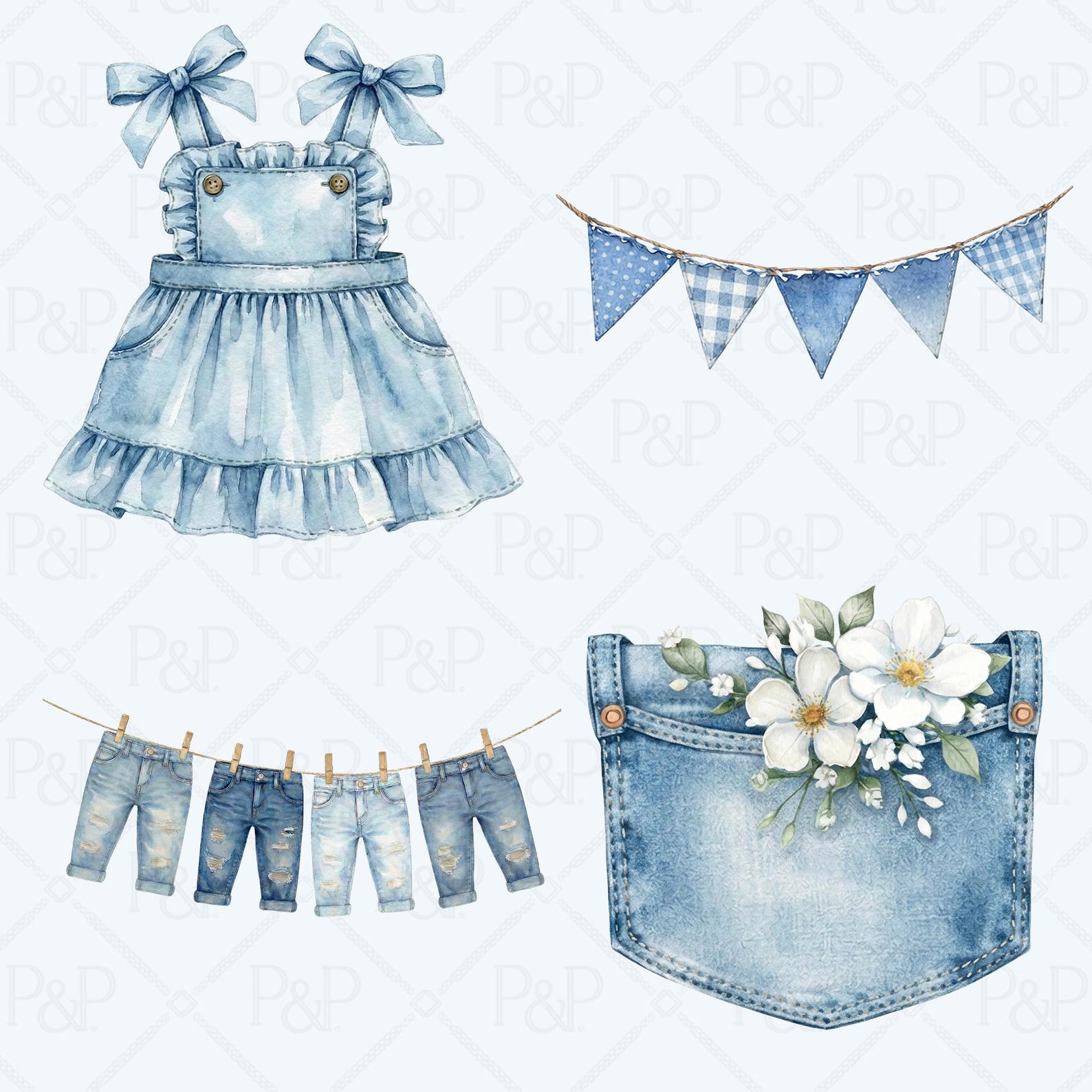 76 Blue Jean Baby Clipart Bundle | Watercolor Denim Baby Clothes ...