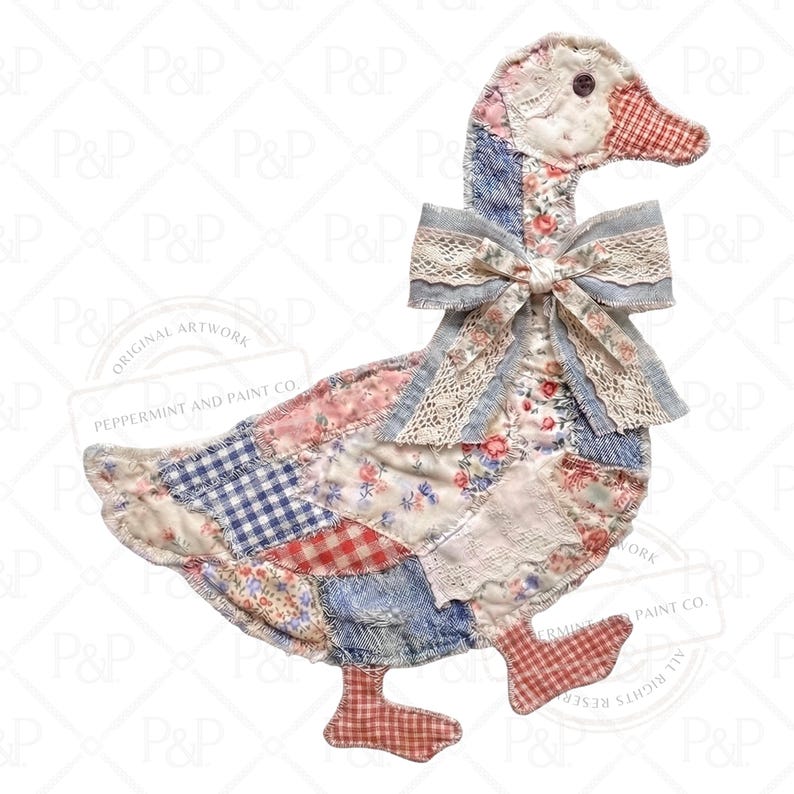 May include: A patchwork goose decoration with a bow. The goose is made of fabric scraps in various patterns, including floral, gingham, and solid colors. The bow is light blue with lace trim. The goose has red and white checkered feet and beak.