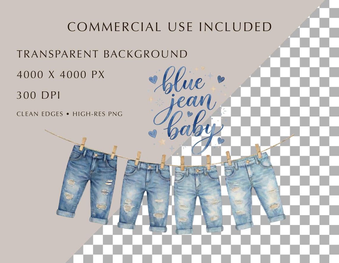 76 Blue Jean Baby Clipart Bundle | Watercolor Denim Baby Clothes ...