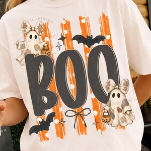 Boo Ghost Halloween PNG, Vintage Patched Ghost PNG, Orange Stripe Halloween Shirt Design, Cute Spooky Ghost Sublimation, Coquette Fall DTF