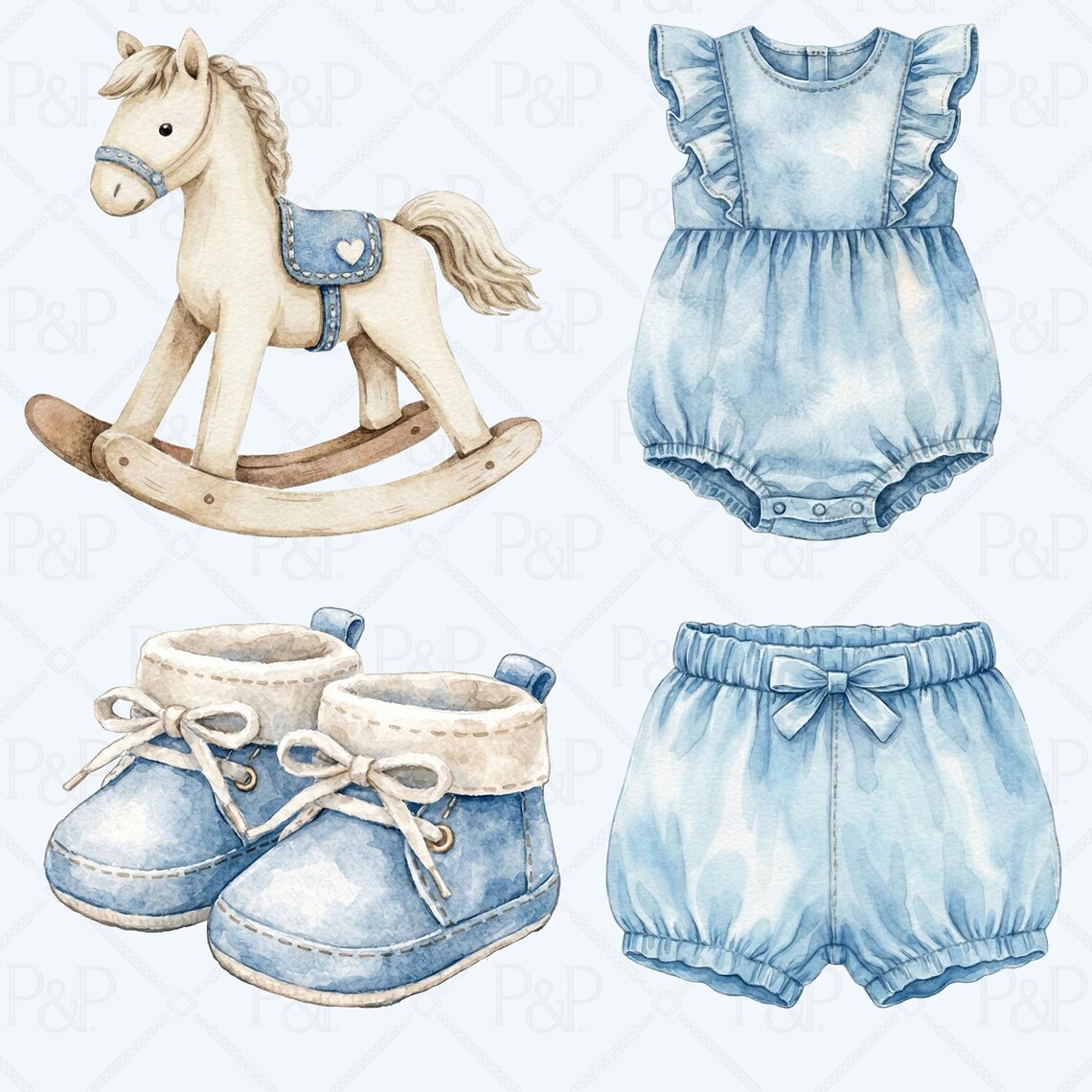 76 Blue Jean Baby Clipart Bundle | Watercolor Denim Baby Clothes ...