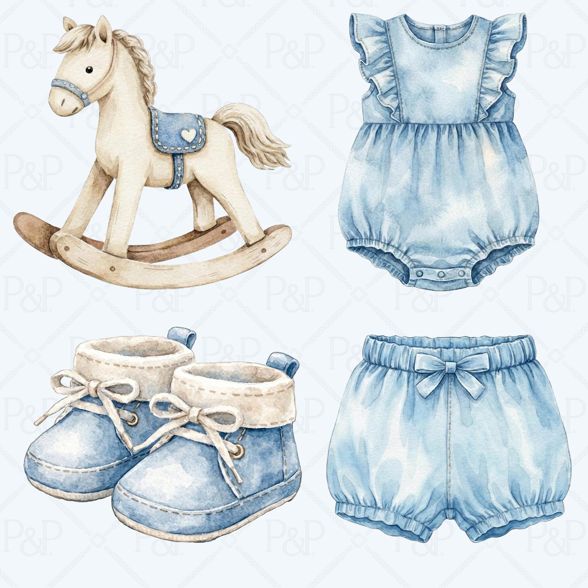 76 Blue Jean Baby Clipart Bundle | Watercolor Denim Baby Clothes ...
