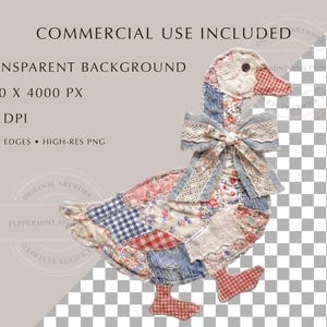 May include: A patchwork goose figurine with a bow. The goose is made of fabric scraps in various patterns, including floral, gingham, and solid colors. The bow is made of lace and light blue fabric. The text "COMMERCIAL USE INCLUDED" is visible.