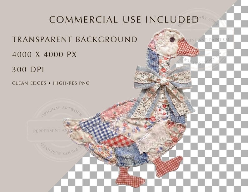 May include: A patchwork goose figurine with a bow. The goose is made of fabric scraps in various patterns, including floral, gingham, and solid colors. The bow is made of lace and light blue fabric. The text "COMMERCIAL USE INCLUDED" is visible.